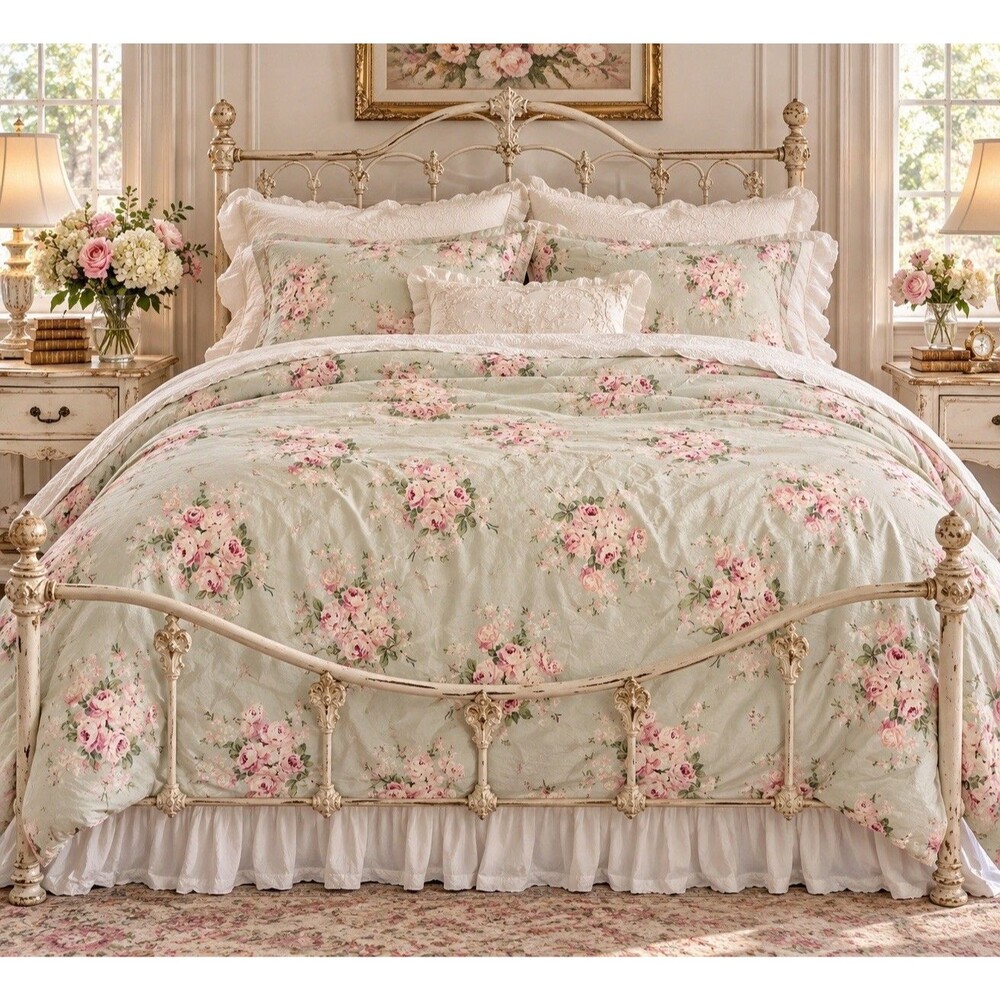 SIMPLY SHABBY CHIC Rachel Ashwell King Blue & Pink Rose Floral Comforter RARE !